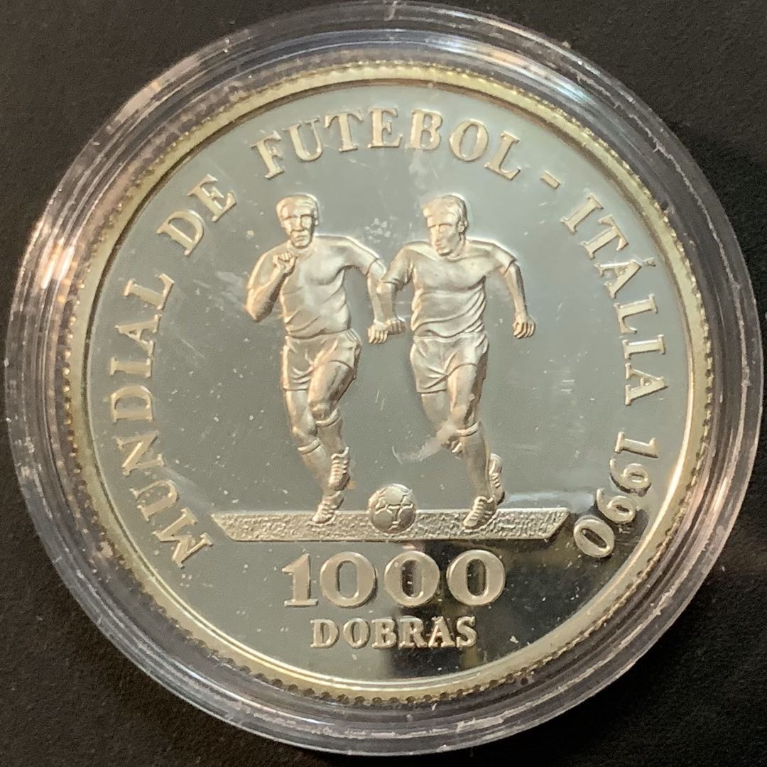紫瑗钱币—微拍第57期  圣多美和普林西比 1990年 意大利世界杯 带球 1000多布拉 23.33克 0.925银 精制
