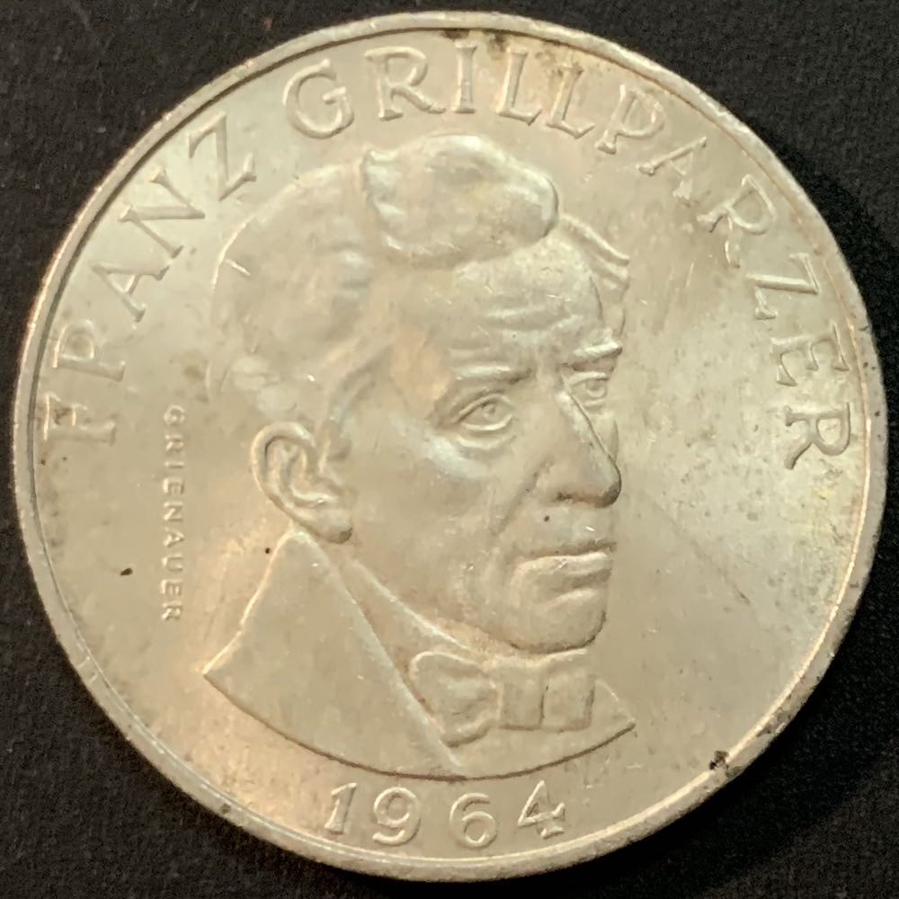 紫瑗钱币—微拍第57期  奥地利 1964年 剧作家  格里尔帕策 25先令 13克 0.8银 