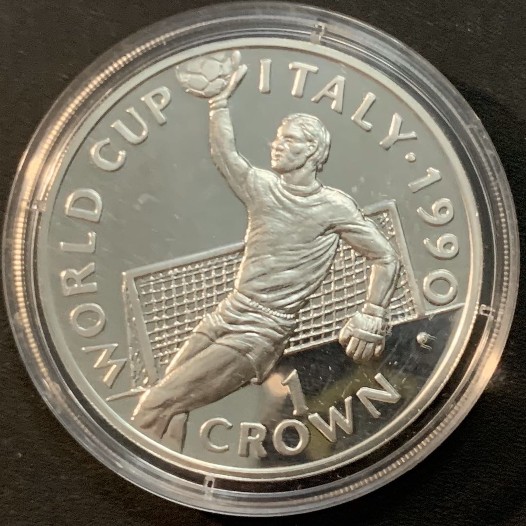 紫瑗钱币—微拍第57期  直布罗陀 1990年 世界杯 扑球 1克朗 28.28克 0.925银 精制