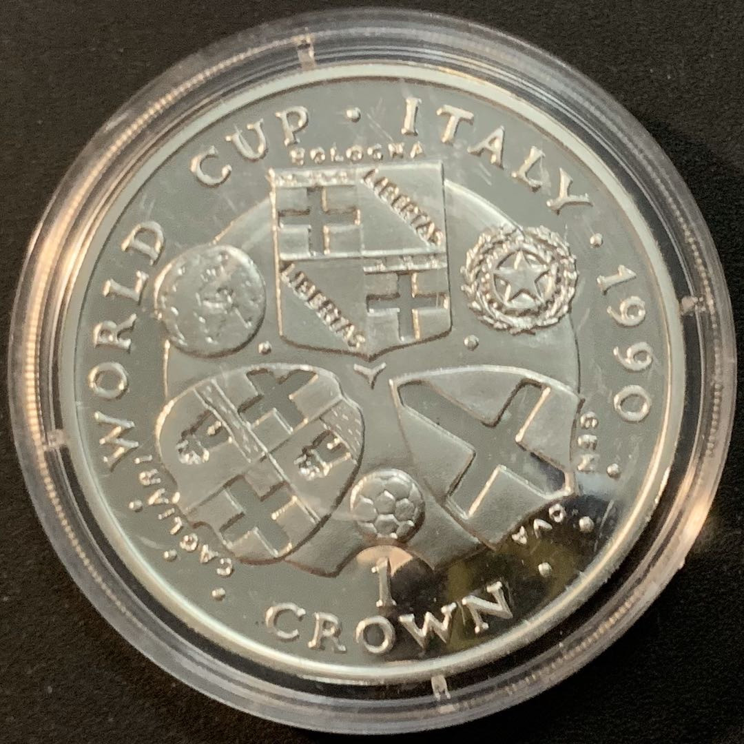 紫瑗钱币—微拍第57期  马恩岛 1990年 意大利世界杯 英格兰 1克朗 28.28克 0.925银 精制