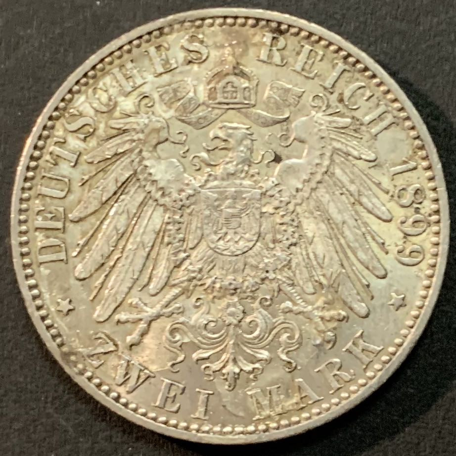 紫瑗钱币—微拍第57期  德国 普鲁士 1899年 威廉二世 2马克 11.11克 0.9银
