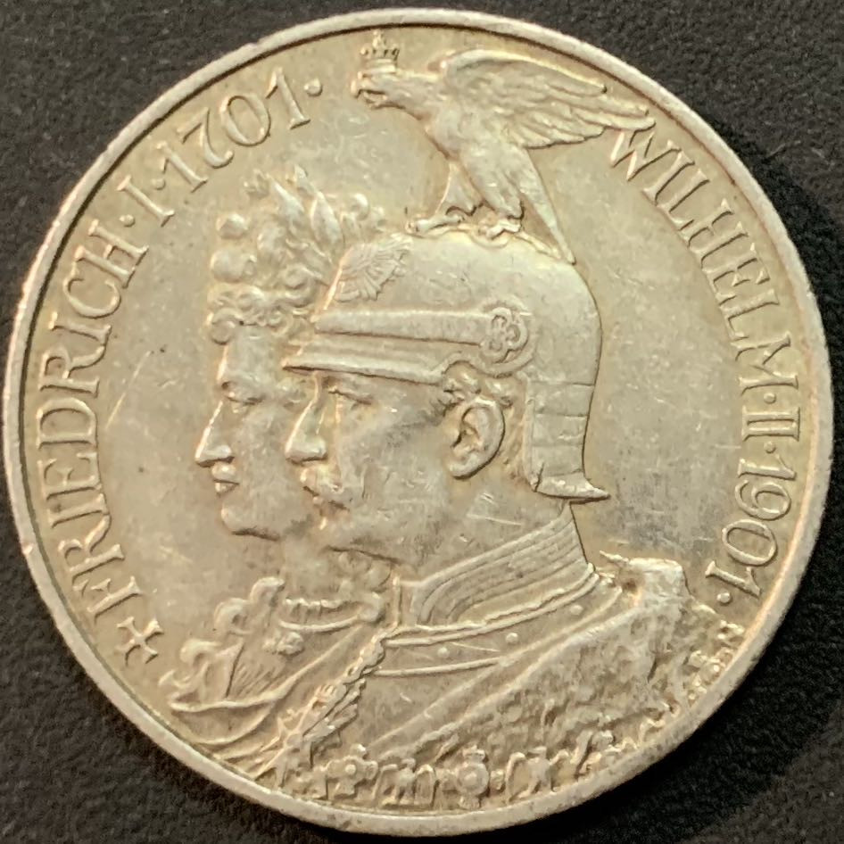 紫瑗钱币—微拍第57期  德国 普鲁士 1901年 建国200周年 2马克 11.11克 0.9银