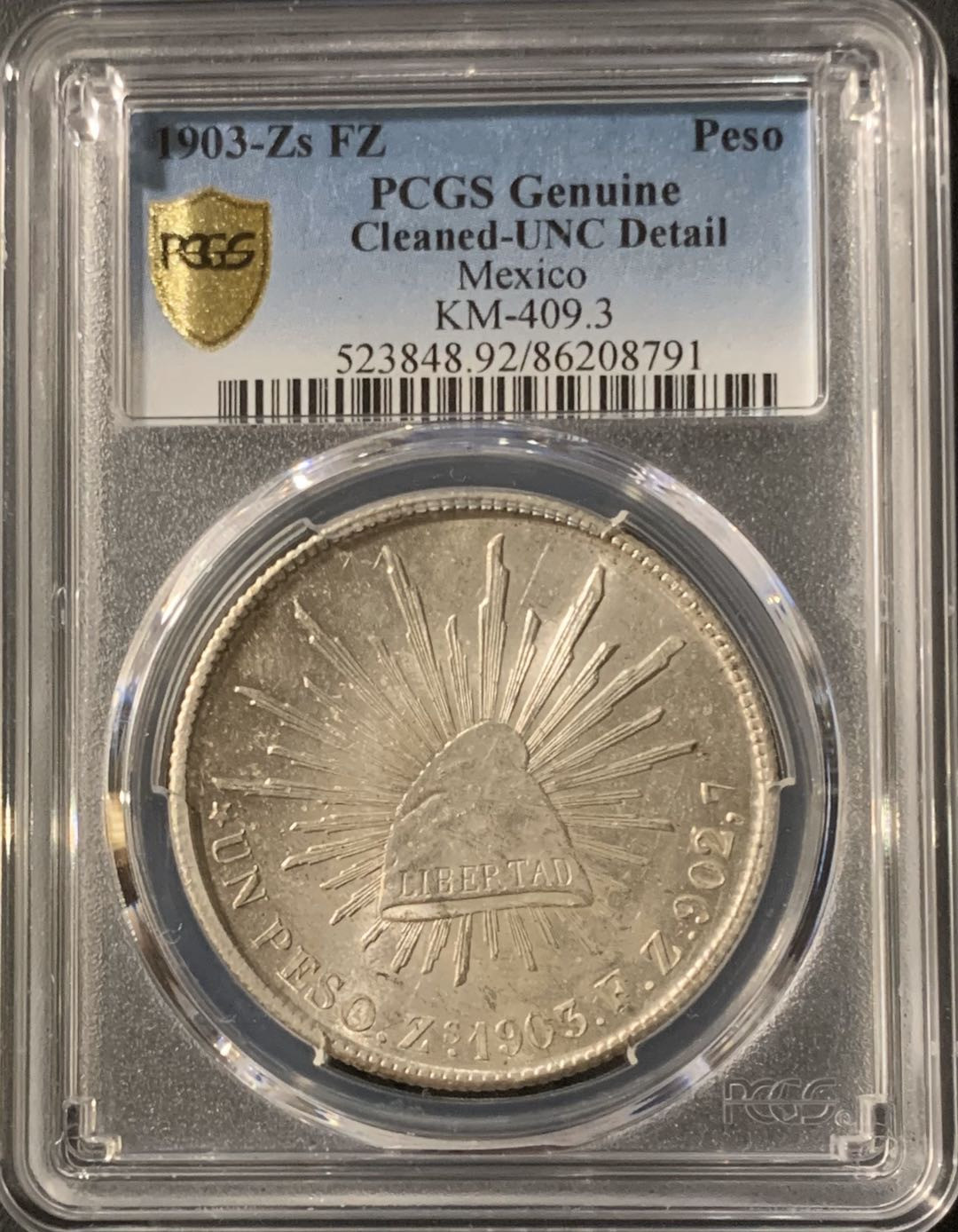紫瑗钱币—微拍第57期  墨西哥 1903年 ZS FZ 1比索 直边鹰洋 PCGS UNC Detail
