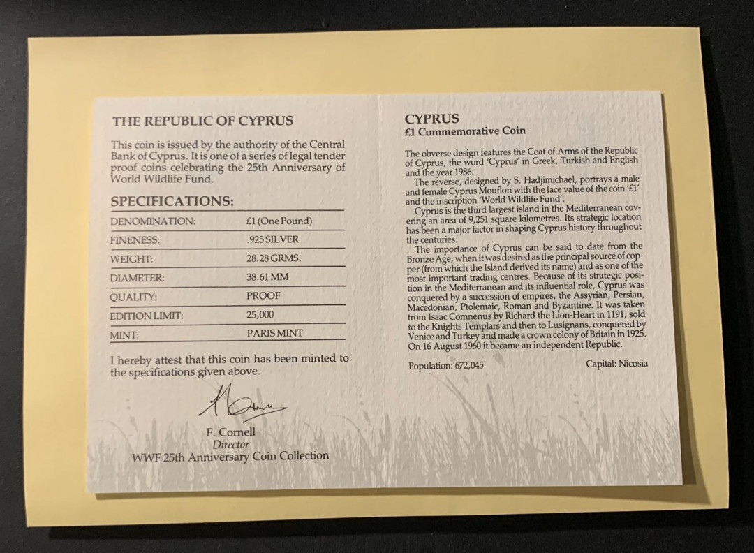 紫瑗钱币—微拍第57期  塞浦路斯 1986年 WWF世界濒危野生动物 高山羊 1磅 28.28克 0.925银 精制 WWF原装卡