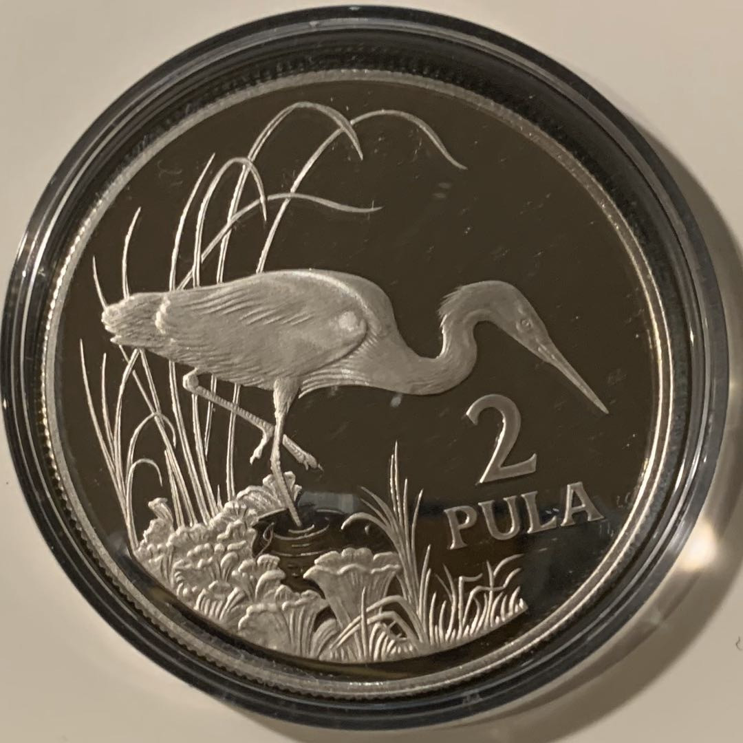 紫瑗钱币—微拍第57期  博茨瓦纳 1986年 WWF世界濒危野生动物 鹳 2帕拉 28.28克 0.925银 精制 WWF原装卡