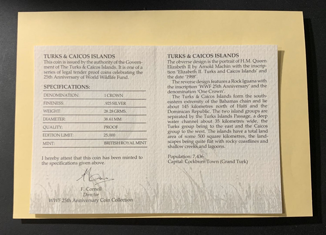 紫瑗钱币—微拍第57期  特克斯与凯恩斯 1988年 WWF世界濒危野生动物 特克斯巨蜥 1克朗 28.28克 0.925银 精制 WWF原装卡