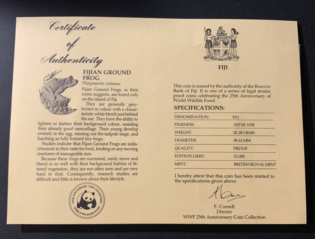 紫瑗钱币—微拍第57期  斐济 1986年 WWF世界濒危野生动物 绿娃 10元 27克 0.925银 精制 WWF原装卡