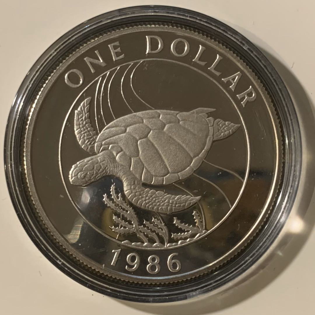 紫瑗钱币—微拍第57期  百慕大 1986年  WWF世界濒危野生动物 大海龟 1元 28.28克 0.925银 精制 WWF原装卡
