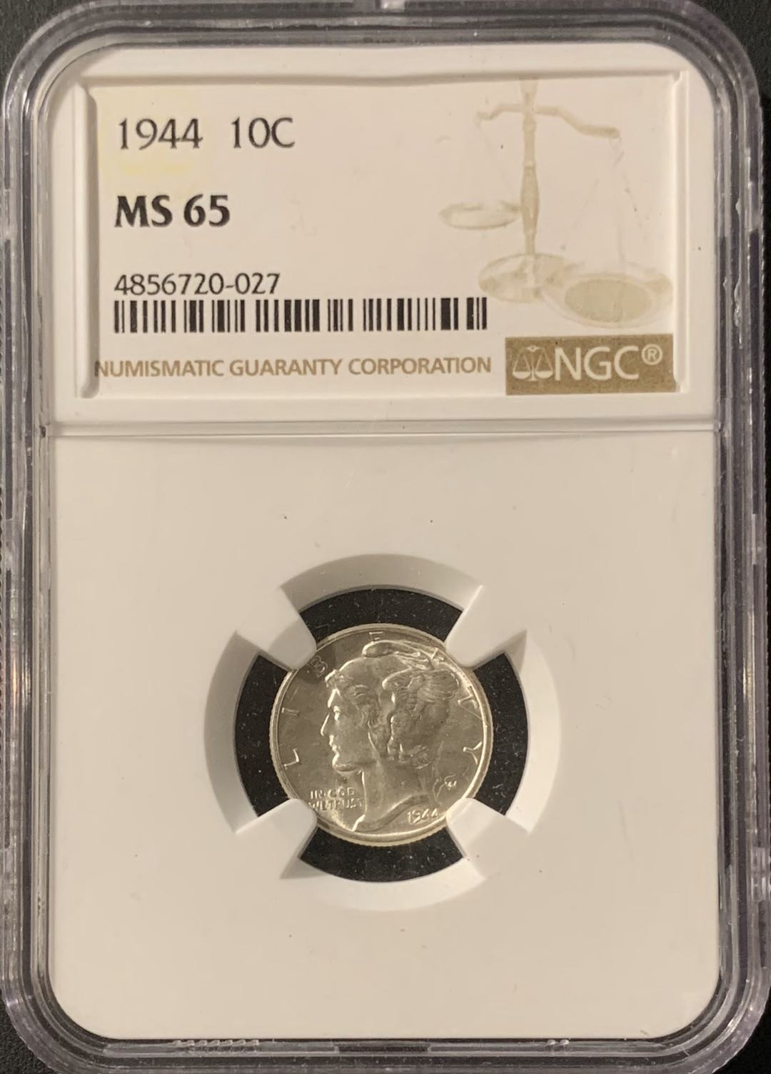 紫瑗钱币—微拍第57期  美国 1944年 小飞侠 10美分 NGC MS65 