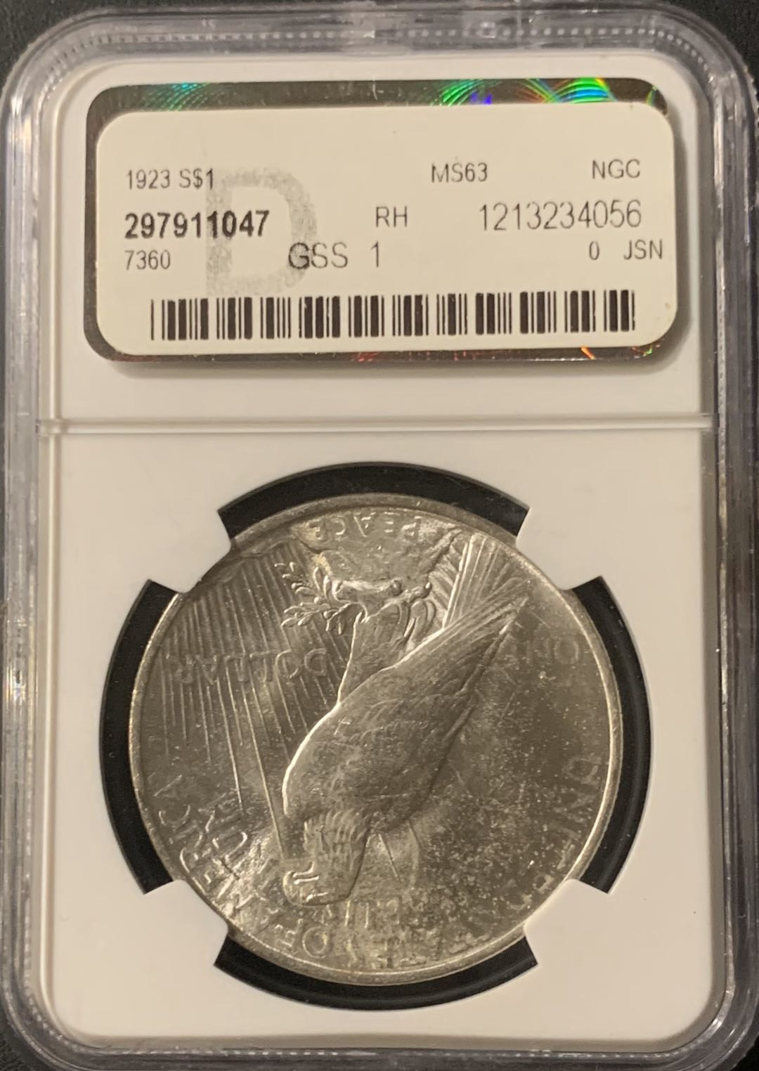 紫瑗钱币—微拍第57期  美国 1923年 和平鸽 1美元 NGC MS63 盒有损坏