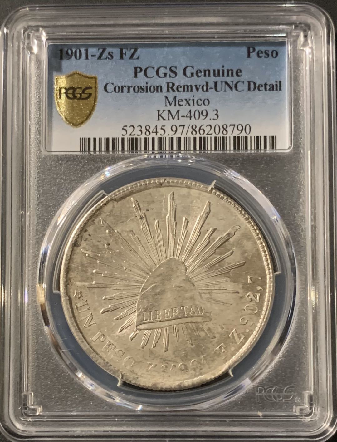 紫瑗钱币—微拍第57期  墨西哥 1902年 ZS FZ 1比索 直边鹰洋 PCGS UNC Detail