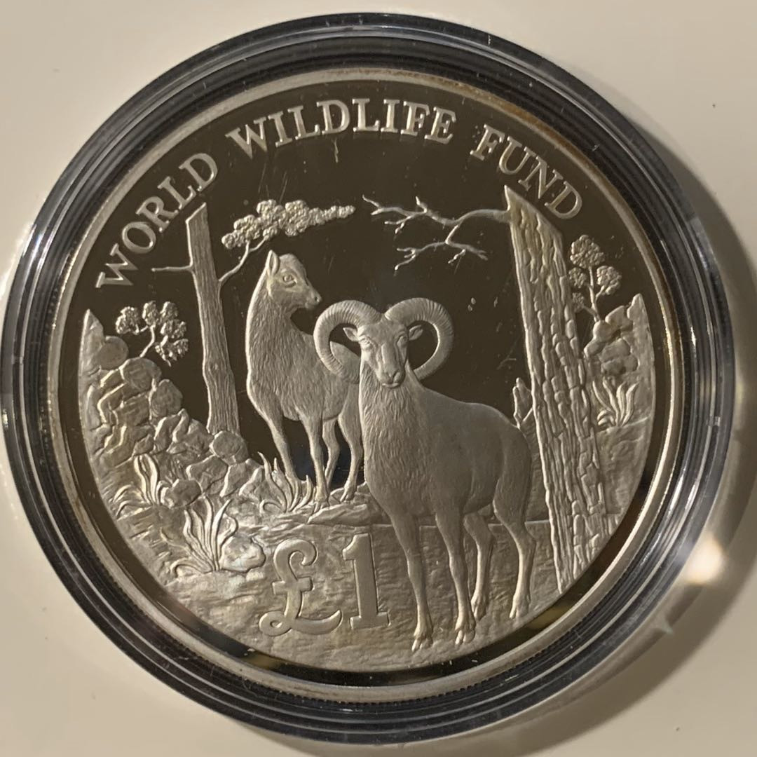 紫瑗钱币—微拍第57期  塞浦路斯 1986年 WWF世界濒危野生动物 高山羊 1磅 28.28克 0.925银 精制 WWF原装卡