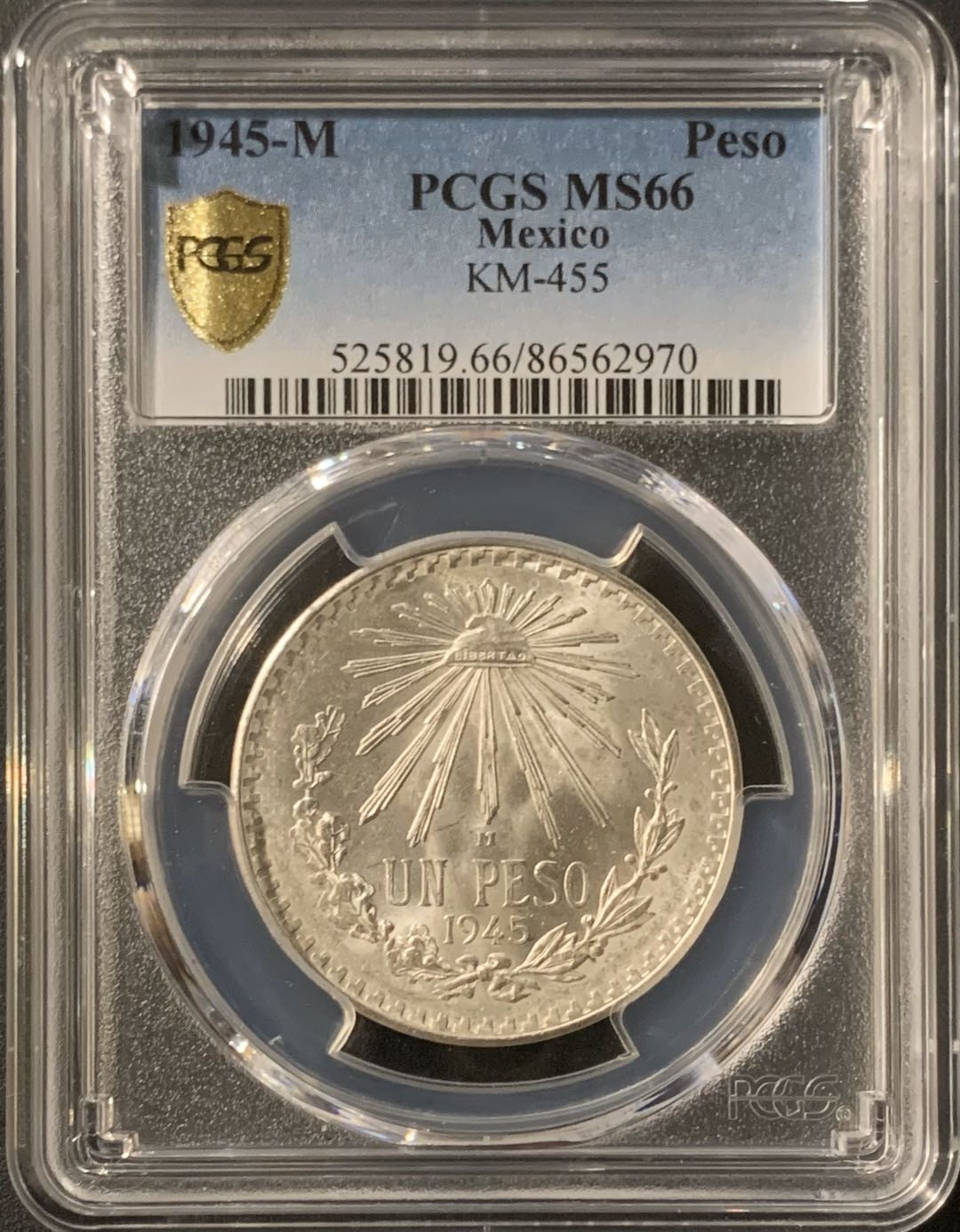 紫瑗钱币—微拍第57期  墨西哥 1945年 鹰洋 1比索 银币 PCGS MS66