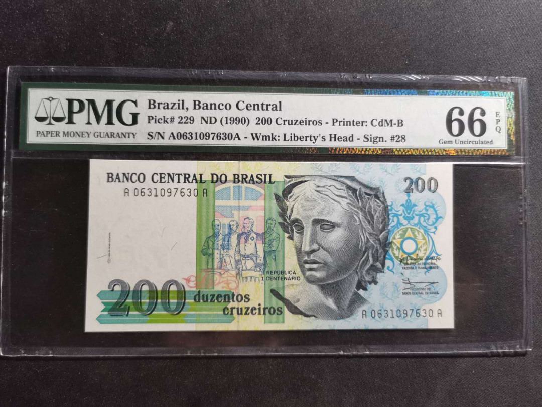 【鲸贝乐淘】千字文·第“尺璧非宝，寸阴是竞”号拍卖 【巴西🇧🇷 】1990年200元，PMG66E 