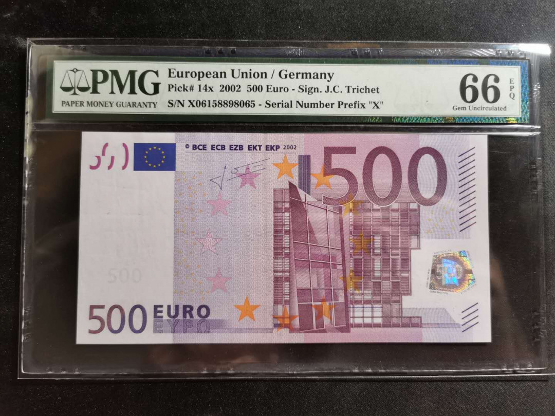 【鲸贝乐淘】千字文·第“资父事君，曰严与敬”号拍卖 【欧盟🇪🇺 德国🇩🇪 】2002年500欧元，pMG66E ，哇哇哇，这币评级是不是要用超过3750元的档位，真霸气，感谢送拍藏友的信任呀，顶我一个月工资了