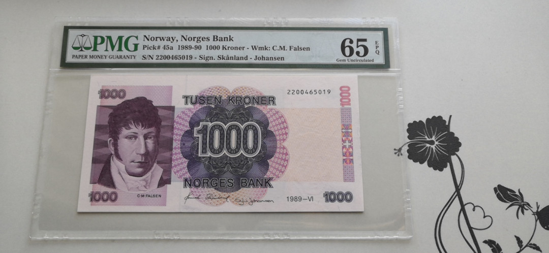 【收藏联盟】第137期拍卖——琳琅满目（共50拍） 挪威 1989-90年 1000克朗 PMG65EPQ  p45a