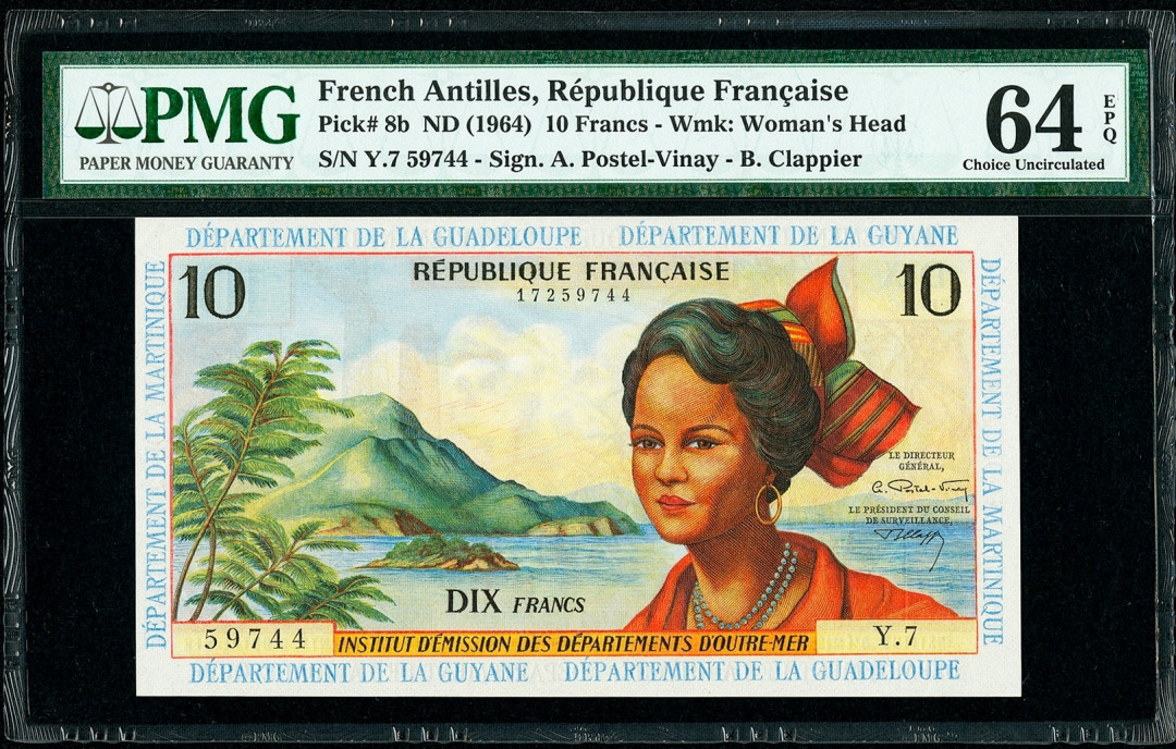 【收藏联盟】第137期拍卖——琳琅满目（共50拍） 法属安的列斯 1964年 10法郎 PMG64EPQ UNC原票 状态好 性价比 颜色艳丽 雕刻精美 非常漂亮