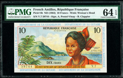 【收藏联盟】第137期拍卖——琳琅满目（共50拍） - 法属安的列斯 1964年 10法郎 PMG64EPQ UNC原票 状态好 性价比 颜色艳丽 雕刻精美 非常漂亮