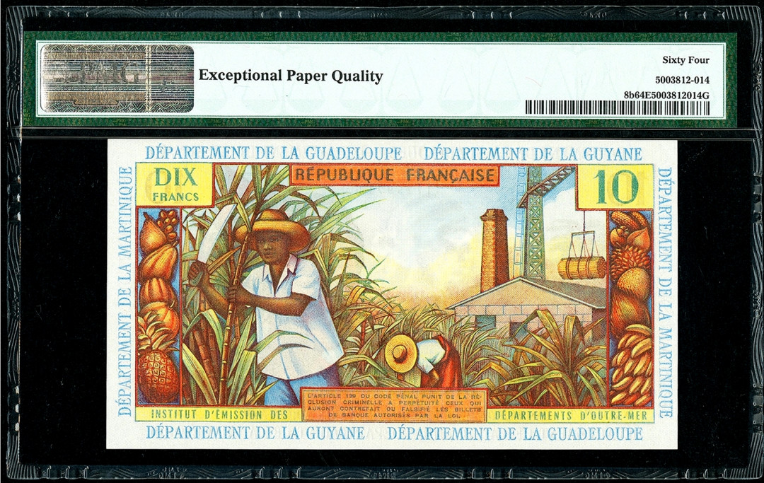 【收藏联盟】第137期拍卖——琳琅满目（共50拍） 法属安的列斯 1964年 10法郎 PMG64EPQ UNC原票 状态好 性价比 颜色艳丽 雕刻精美 非常漂亮