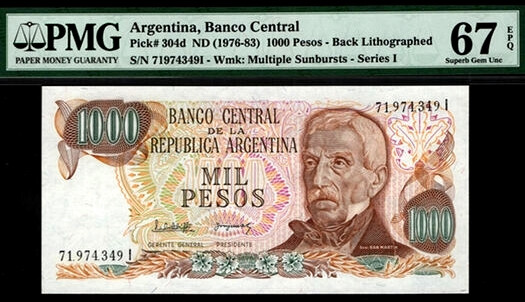 【收藏联盟】第137期拍卖——琳琅满目（共50拍） 阿根廷 1976-83年 1000比索 PMG67EOQ 高分