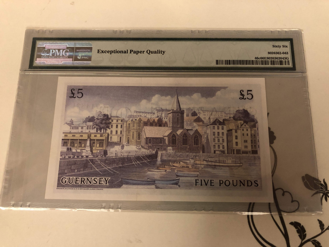 【收藏联盟】第137期拍卖——琳琅满目（共50拍） 根西岛 1969-75年5镑 BWC出品 经典彩背 PMG66EPQ