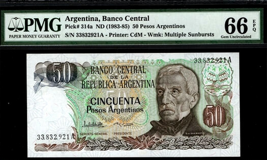 【收藏联盟】第137期拍卖——琳琅满目（共50拍） 阿根廷 1983-85年 50比索 A冠 PMG66EPQ  p314a