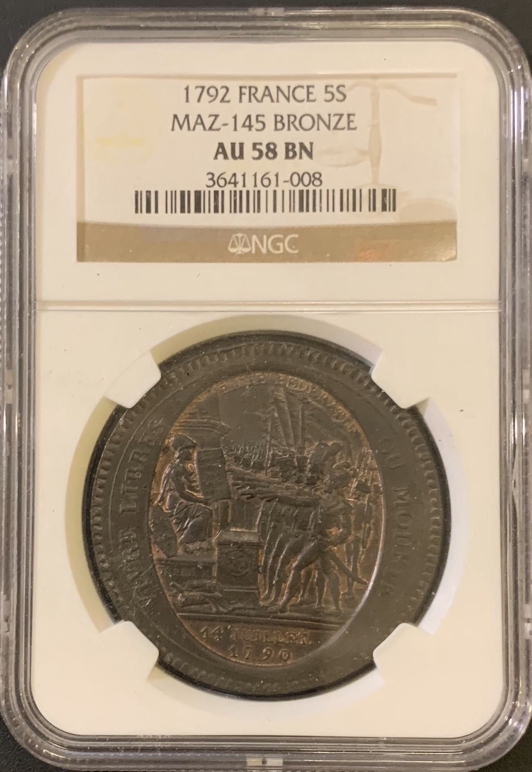 紫瑗钱币—微拍第59期  法国 1792年 莫奈龙 5索尔 经典大铜币 NGC AU58 BN