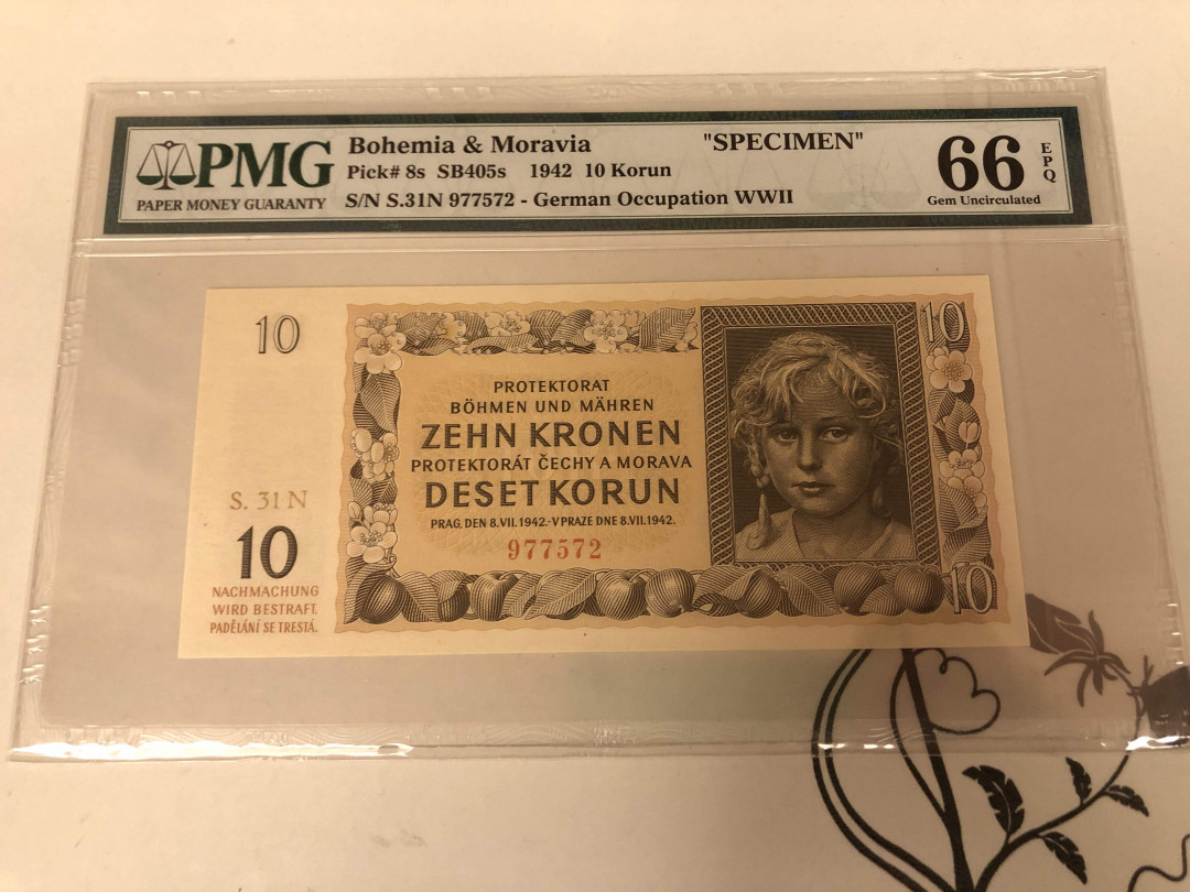 【收藏联盟】第137期拍卖——琳琅满目（共50拍） 【样钞】波西米亚 1942年 10克朗 PMG66EPQ  小女孩