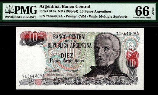 【收藏联盟】第137期拍卖——琳琅满目（共50拍） 阿根廷 1983-84年 10比索 A冠 PMG66EPQ  p313a