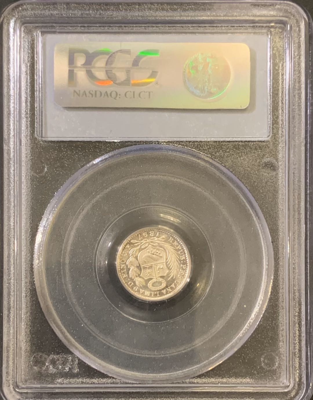 紫瑗钱币—微拍第59期  秘鲁 1897年 坐人 1/2D 银币 PCGS MS66