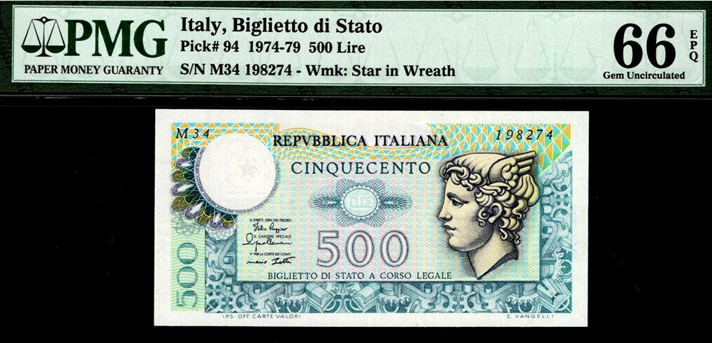 【收藏联盟】第137期拍卖——琳琅满目（共50拍） 意大利 1974-79年 500里拉 PMG66EPQ 墨丘利 精美