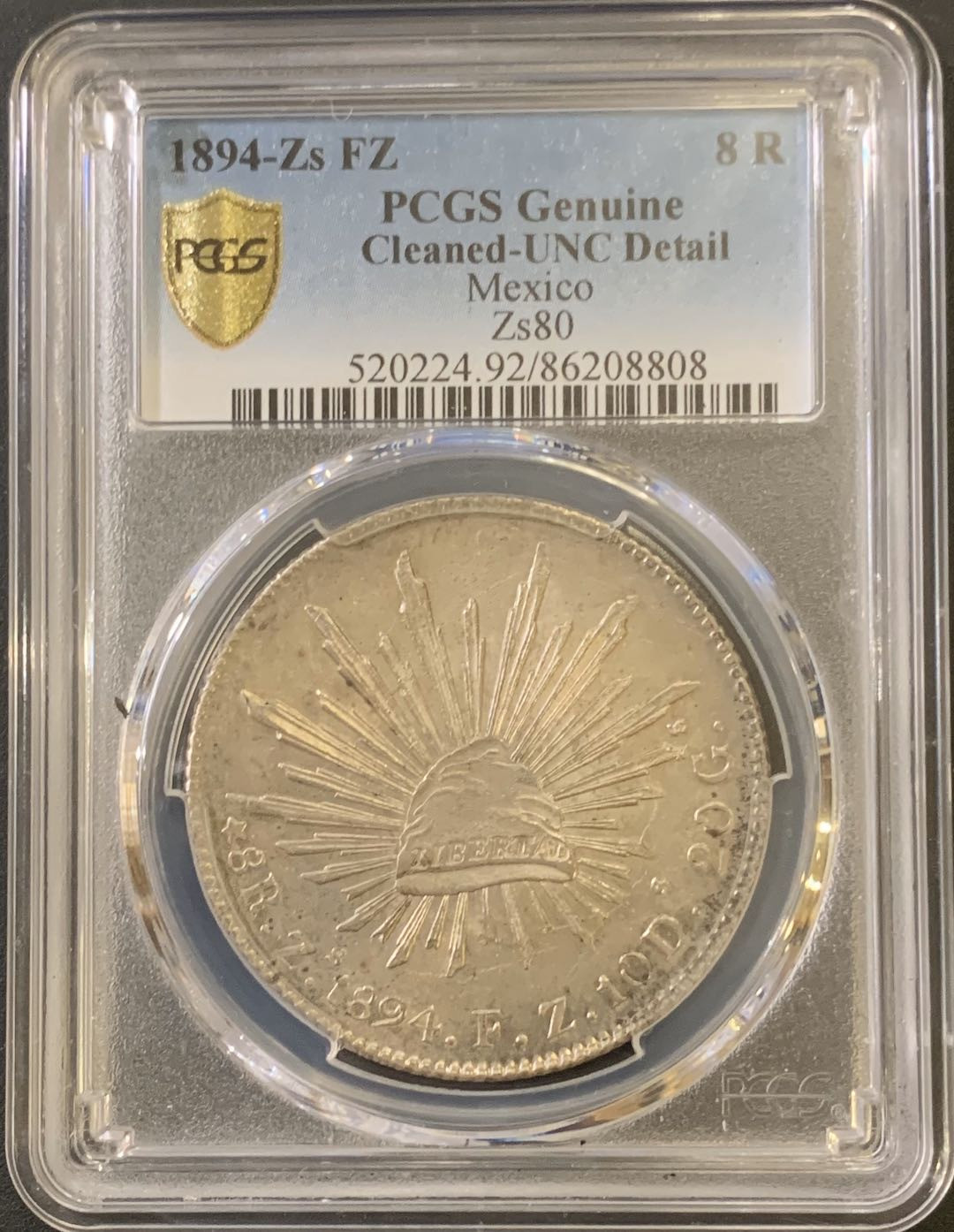 紫瑗钱币—微拍第59期  墨西哥 1894年 ZS FZ 8里亚尔 花边鹰洋 PCGS UNC Detail