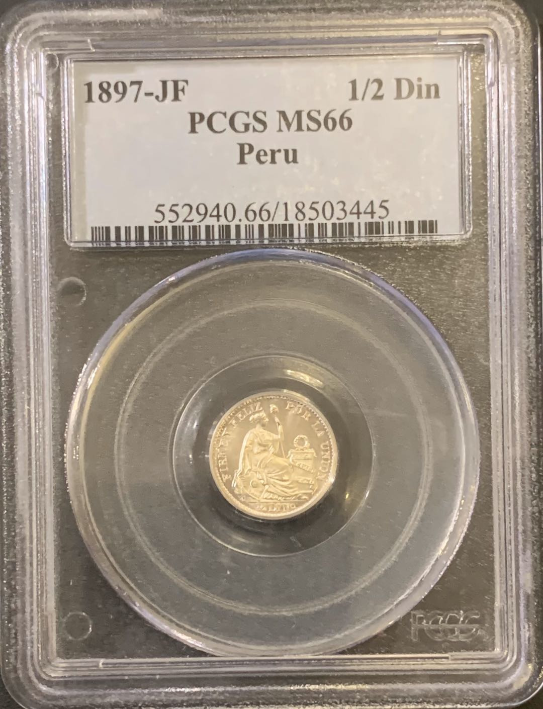 紫瑗钱币—微拍第59期  秘鲁 1897年 坐人 1/2D 银币 PCGS MS66