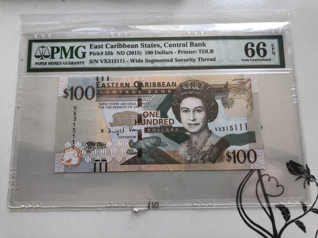 【收藏联盟】第138期拍卖——工业的齿轮（共50拍） 【111豹子号】东加勒比 2015年100元 PMG66EPQ 