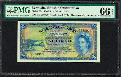 【收藏联盟】第138期拍卖——工业的齿轮（共50拍） - 百慕大 1966年1镑 PMG66EPQ 高冠女王 BWC出品 精美