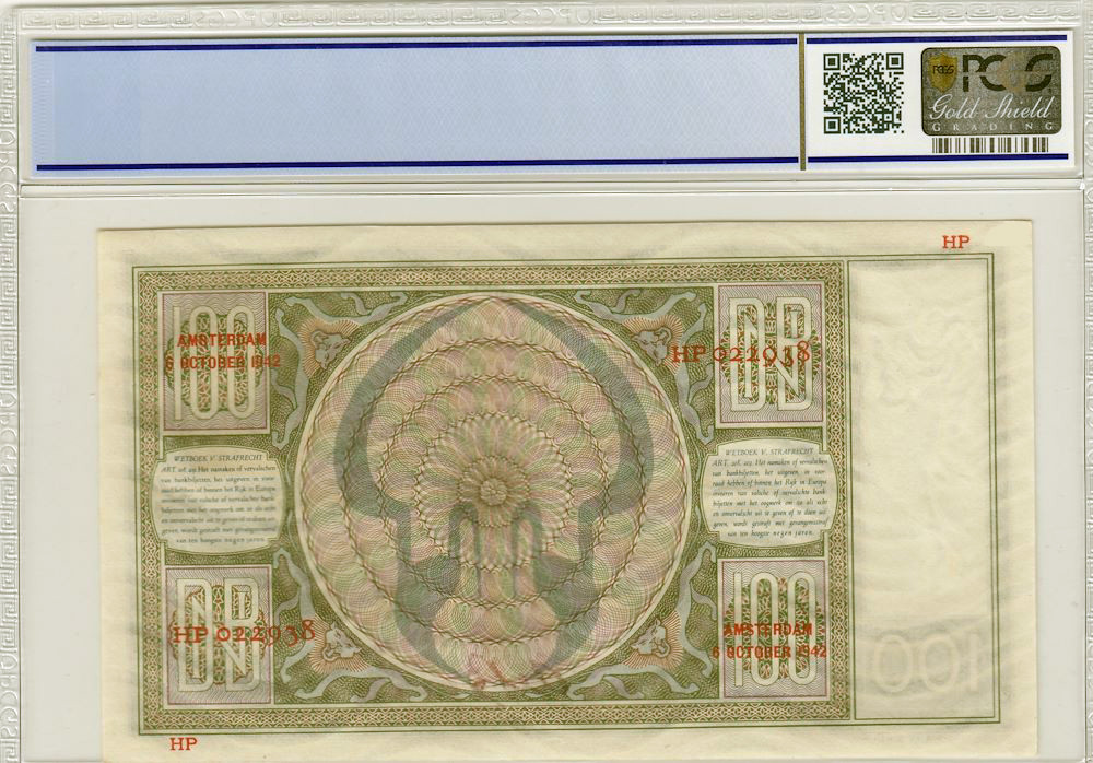 【收藏联盟】第138期拍卖——工业的齿轮（共50拍） 荷兰 1942年 100盾 PCGS63EPQ  UNC原票 性价比 无47 经典“鬼女”