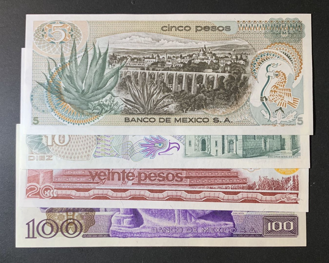 紫瑗钱币—微拍第60期—纸币场 墨西哥 70—80年代  5 10 20 100比索 4枚一套 UNC