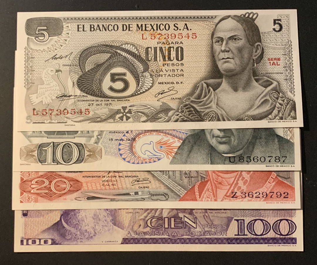 紫瑗钱币—微拍第60期—纸币场 墨西哥 70—80年代  5 10 20 100比索 4枚一套 UNC