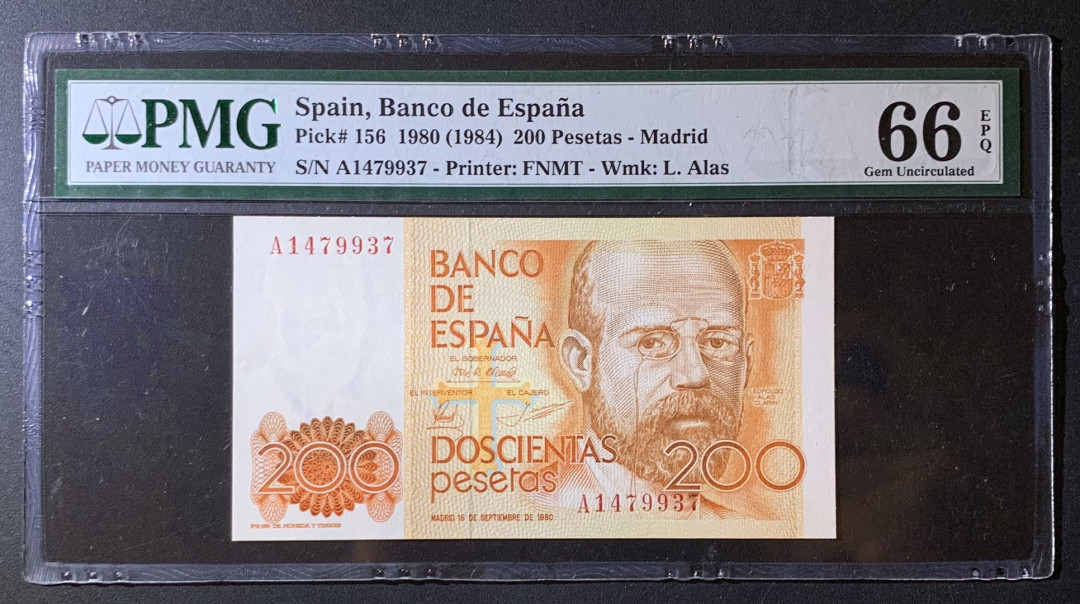 紫瑗钱币—微拍第60期—纸币场 西班牙 1984年 200比塞塔 PMG 66 EPQ