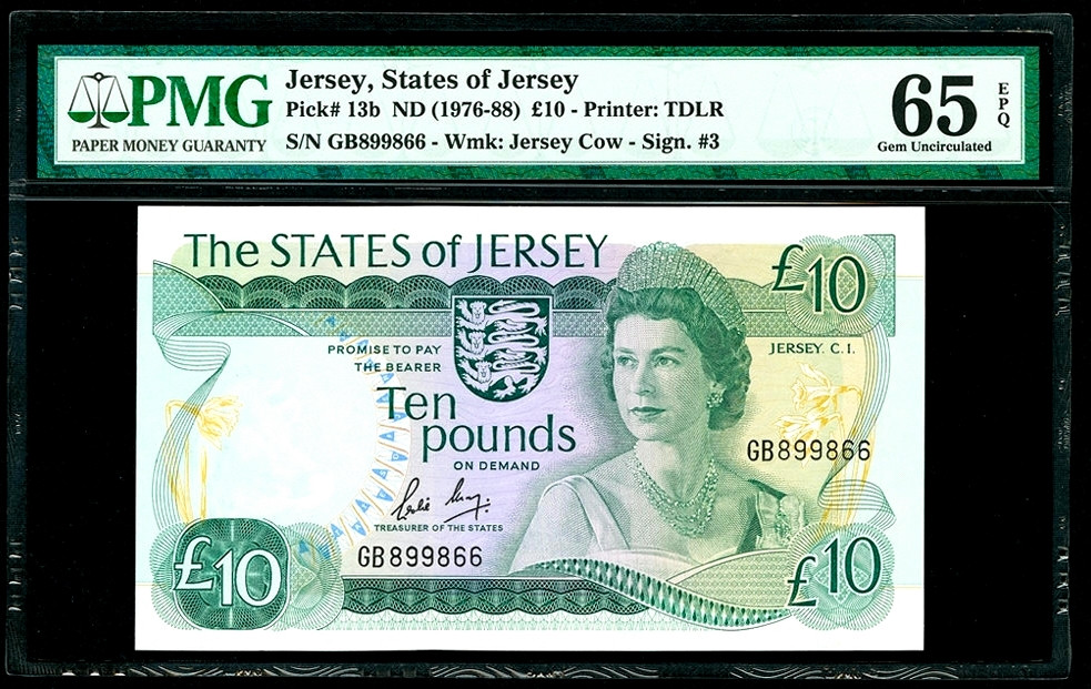 【收藏联盟】第138期拍卖——工业的齿轮（共50拍） 【靓号899866】泽西 1976-88年10镑 PMG65EPQ 绝品高冠女王 非常漂亮