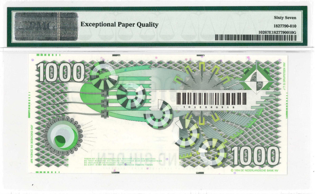 【收藏联盟】第138期拍卖——工业的齿轮（共50拍） 【全程无47，518尾靓号】荷兰 1992年 1000盾 大齿轮 PMG67EPQ  p102  