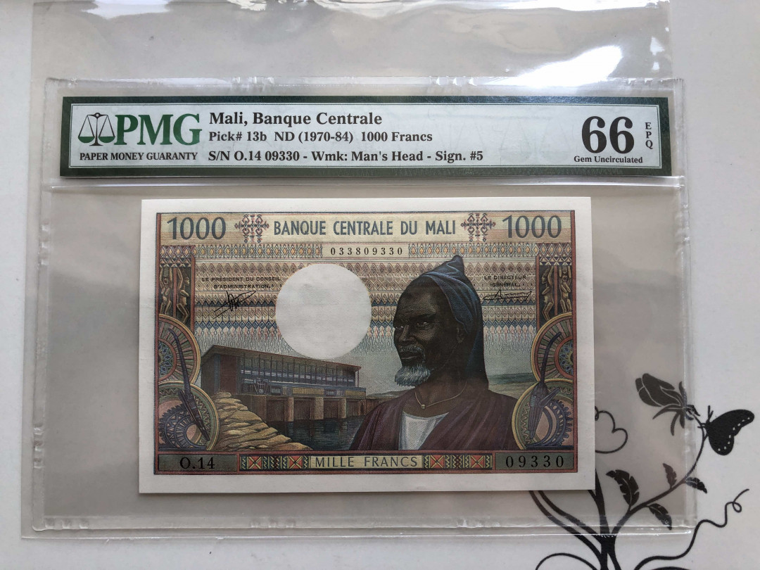 【收藏联盟】第138期拍卖——工业的齿轮（共50拍） 马里 1970-84年 1000法郎 PMG66EPQ