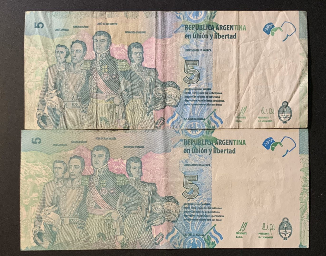 紫瑗钱币—微拍第60期—纸币场 阿根廷 2015版 5比索 2枚一组 流通品