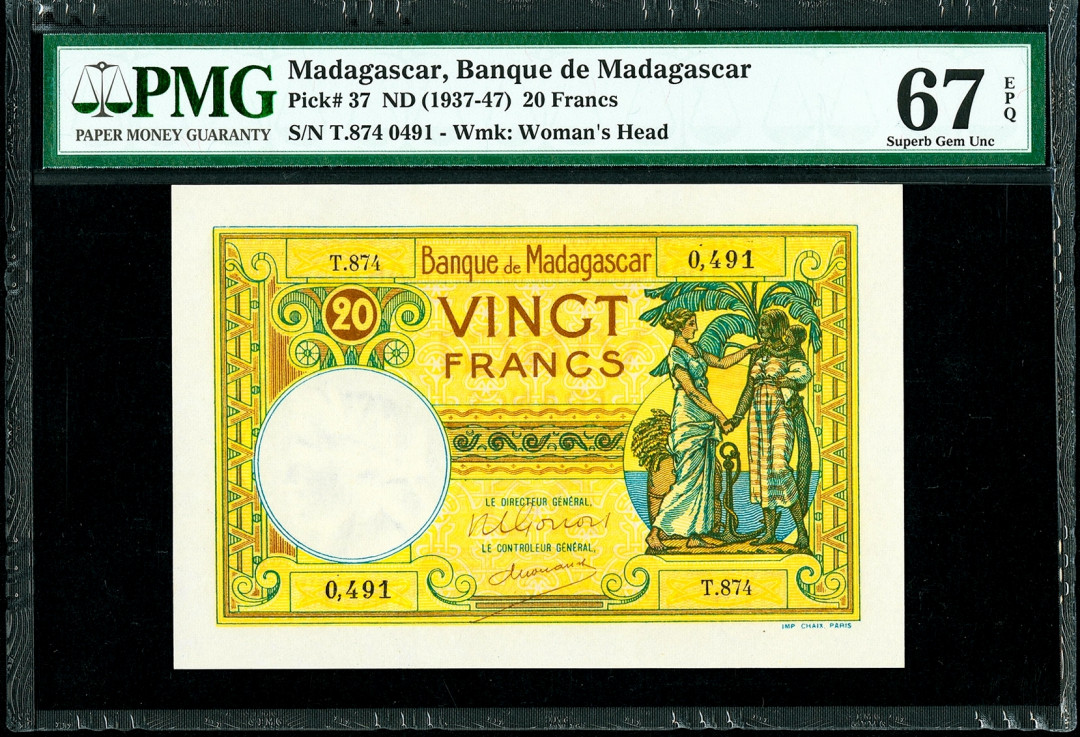 【收藏联盟】第138期拍卖——工业的齿轮（共50拍） 马达加斯加 1937-47年 20法郎 PMG67EPQ 高分 早期经典