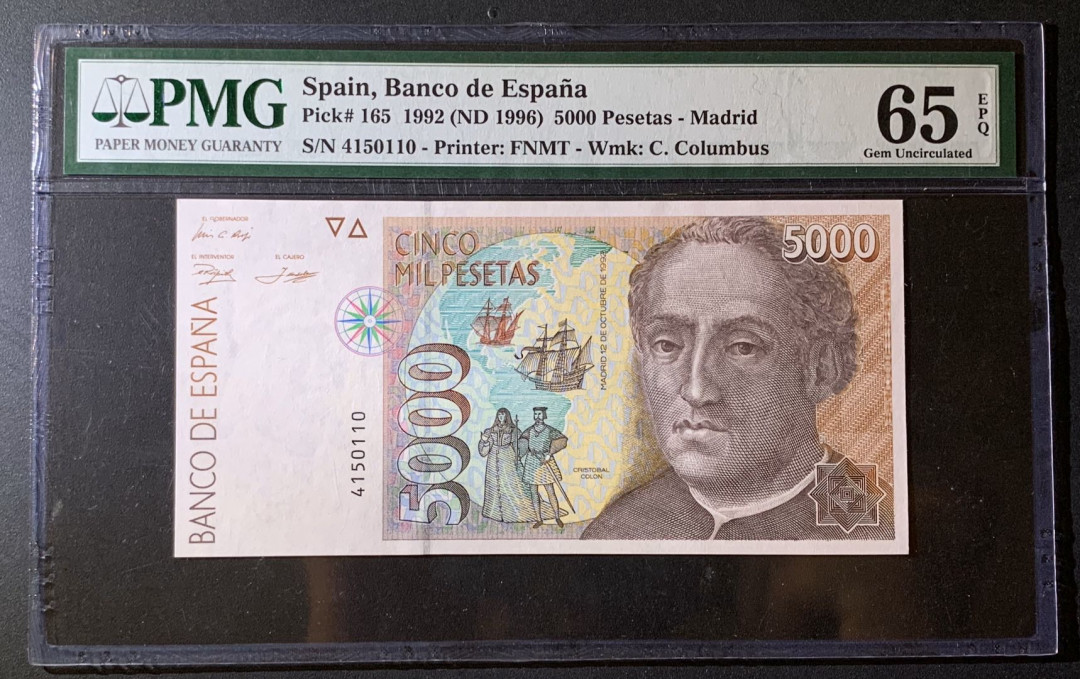 紫瑗钱币—微拍第60期—纸币场 西班牙 1996年 5000比塞塔 PMG 65 EPQ