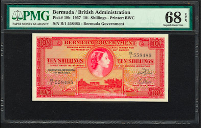 【收藏联盟】第138期拍卖——工业的齿轮（共50拍） 【稀有冠军分,仅有4张的冠军哦罕品】百慕大 1957年10先令 PMG68EPQ超高分 早期女王