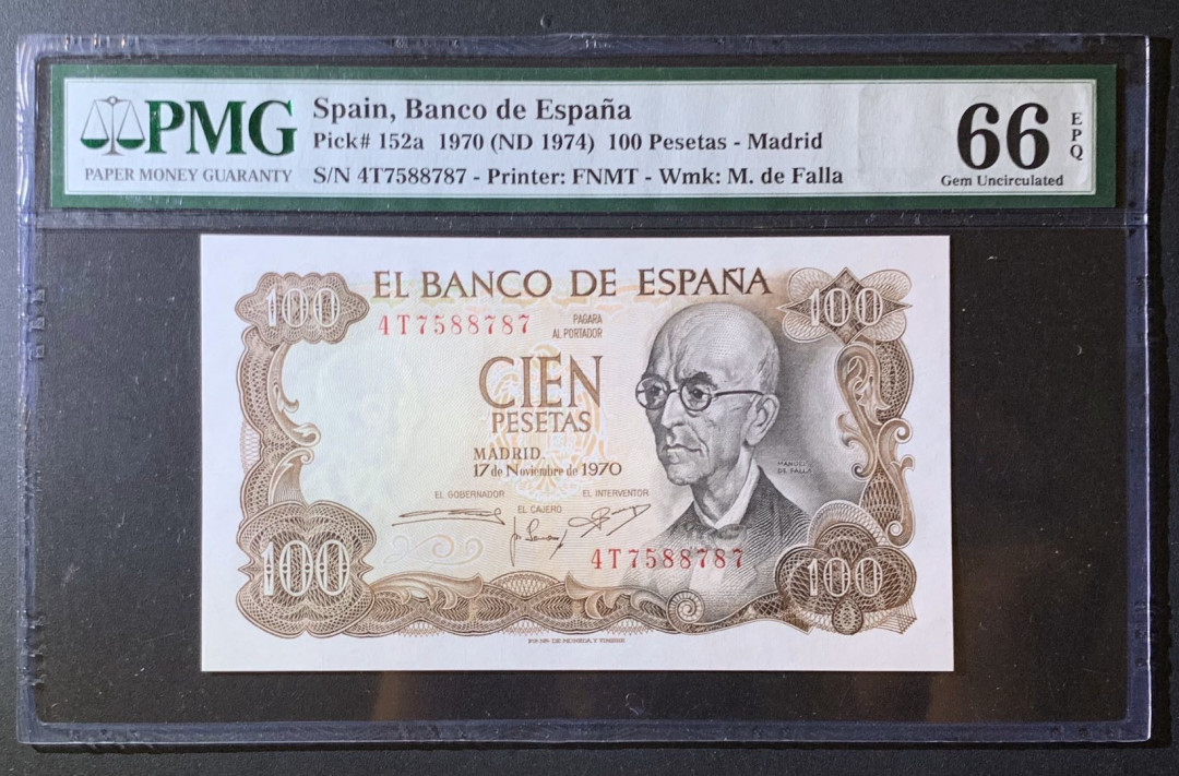 紫瑗钱币—微拍第60期—纸币场 西班牙 1970年 100比塞塔 PMG 66 EPQ