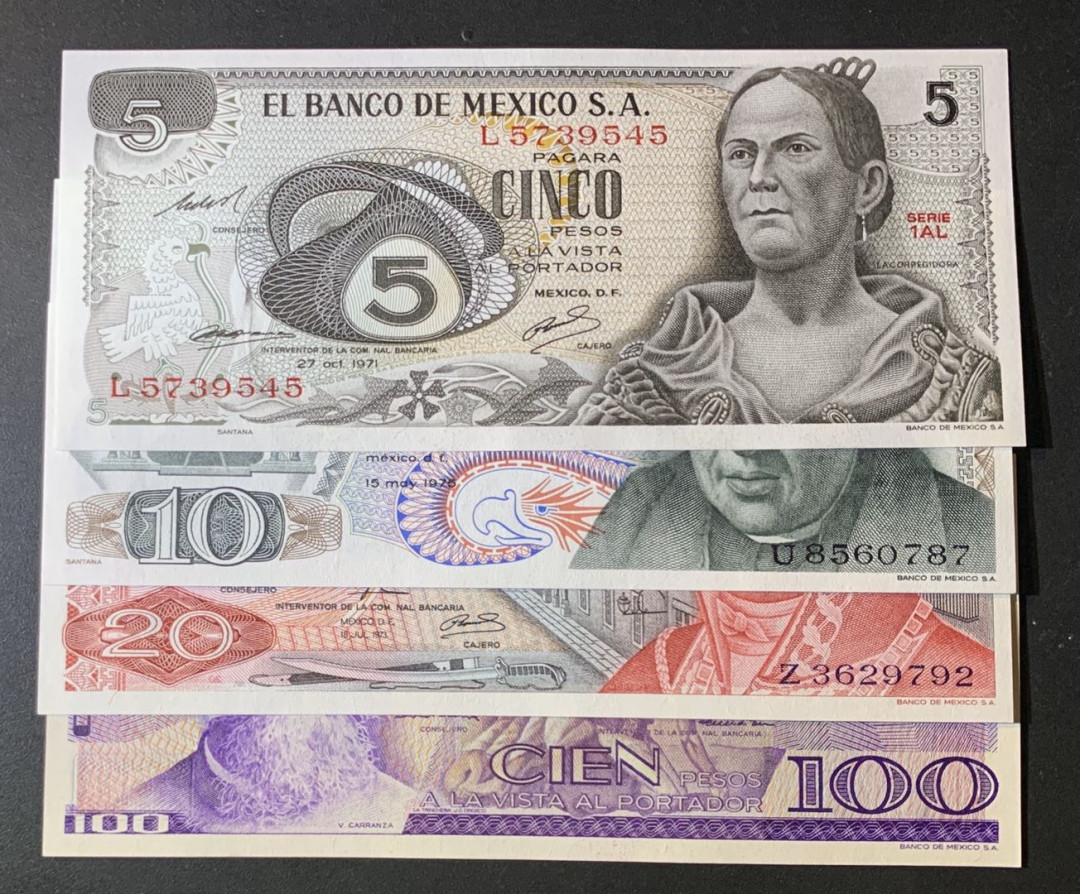 紫瑗钱币—微拍第60期—纸币场 墨西哥 70—80年代  5 10 20 100比索 4枚一套 UNC
