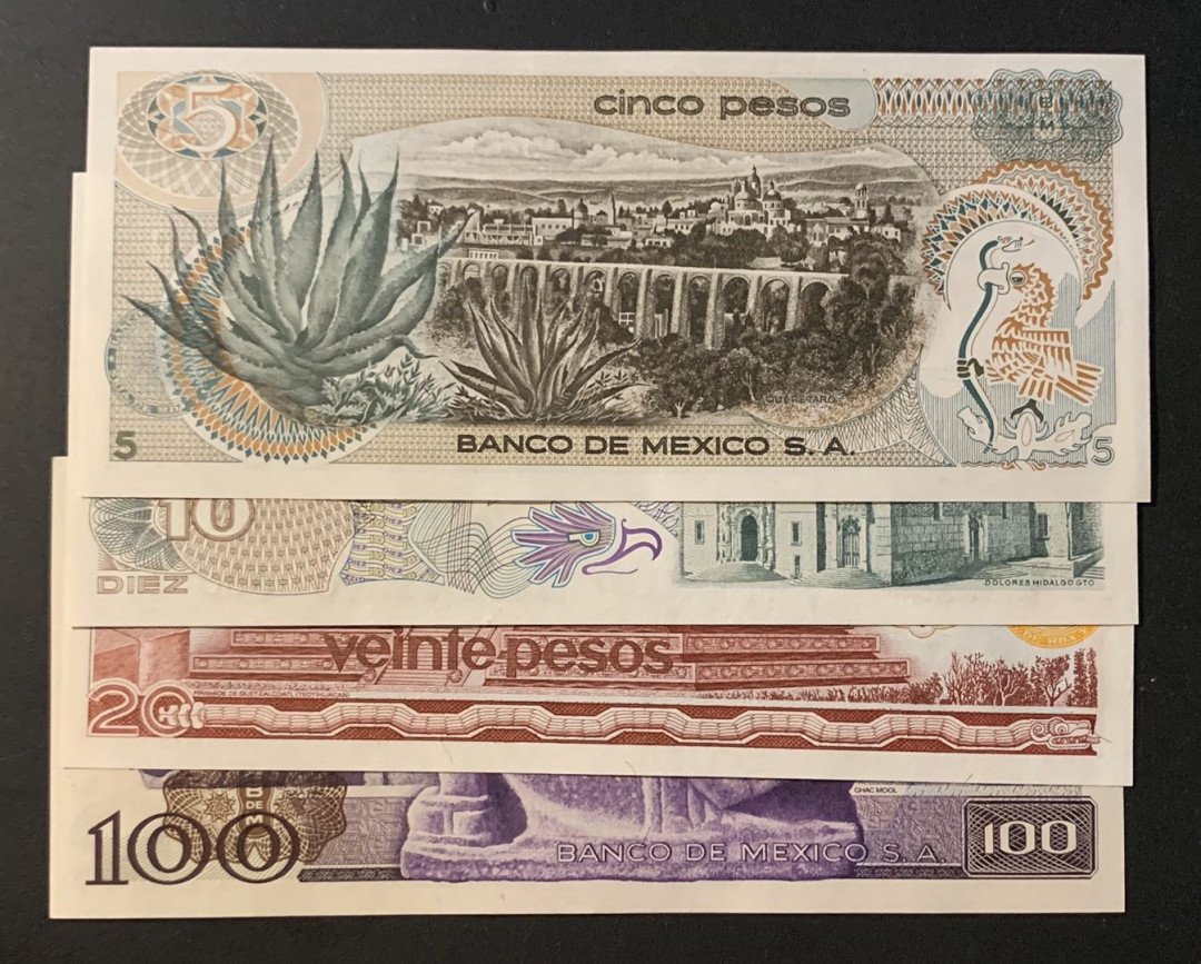 紫瑗钱币—微拍第60期—纸币场 墨西哥 70—80年代  5 10 20 100比索 4枚一套 UNC