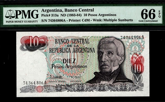 【收藏联盟】第138期拍卖——工业的齿轮（共50拍） 阿根廷 1983-84年 10比索 A冠 PMG66EPQ p313a